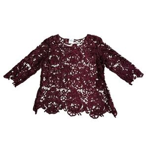 Bedford Fair maroon see through 3/4 sleeve knit like cover blouse scoop neck, L.